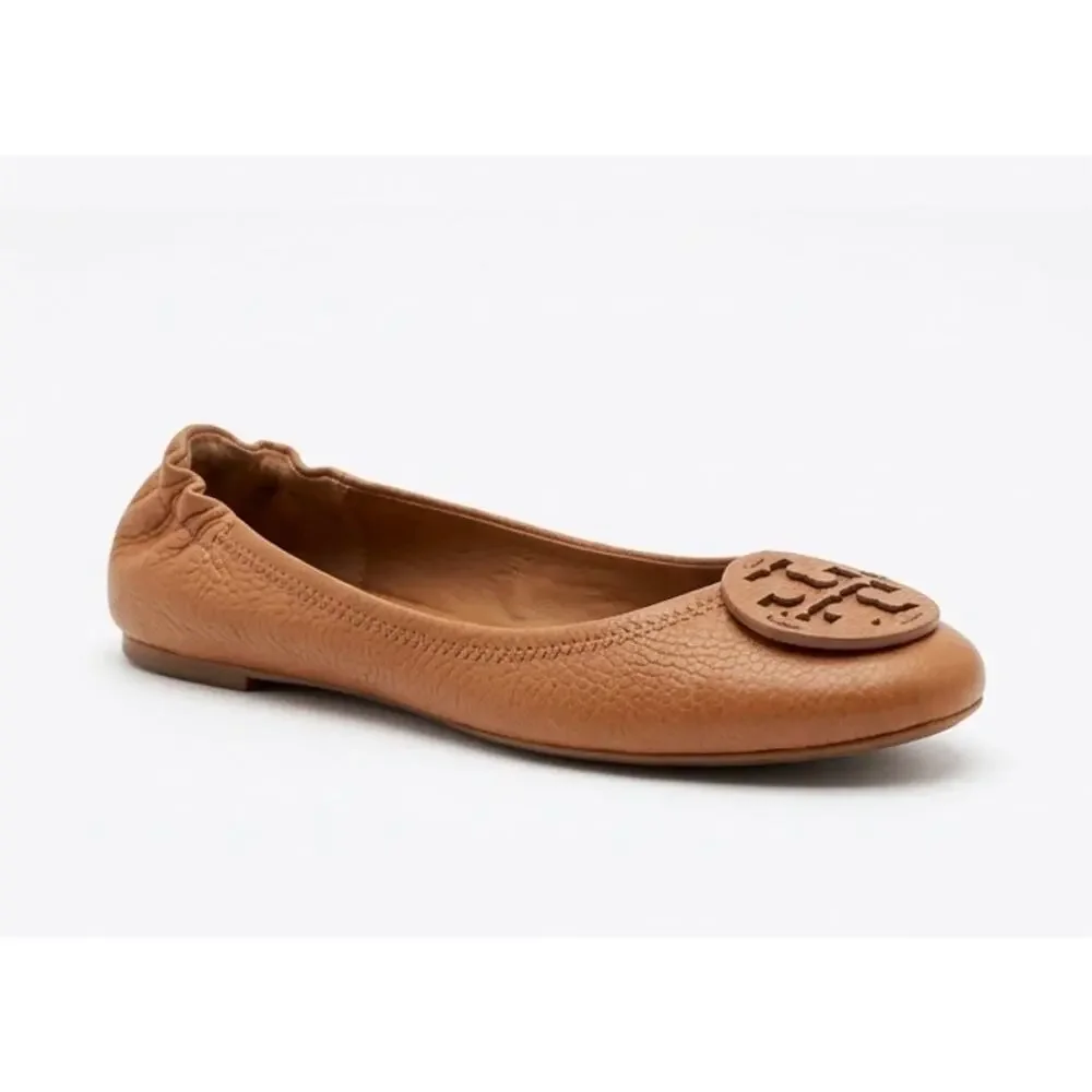 Tory Burch Minnie Travel Ballet Flats Size 8.5 Tan Leather Logo Slip On Shoes